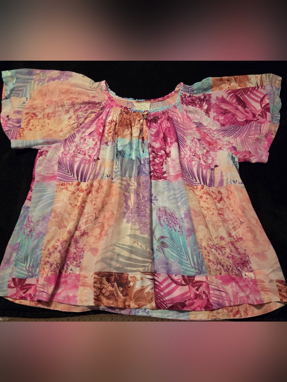 EUC Johnny Was Esme Silk Blend floral peasant blouse with a boho-chic patchwork
